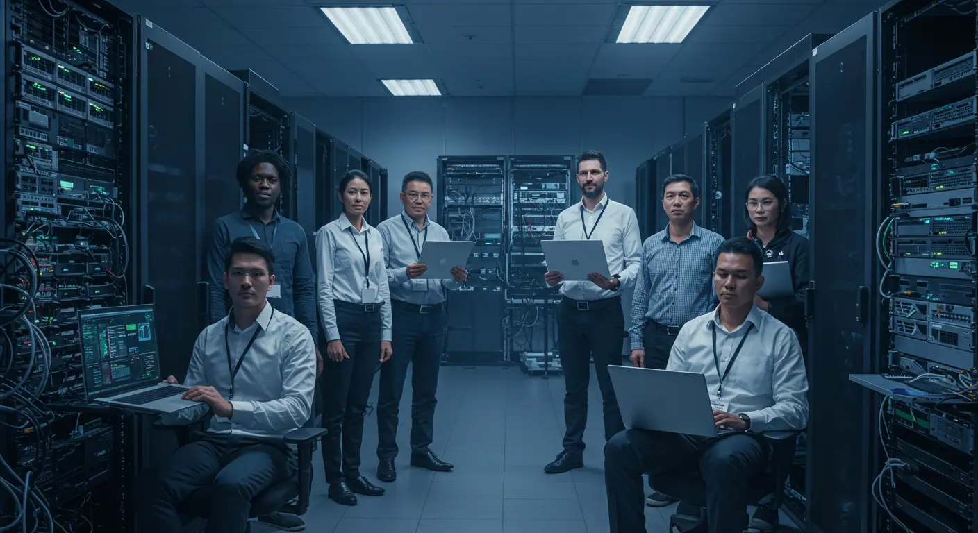 Modern office space with VirtInfra team members collaborating on Proxmox infrastructure projects